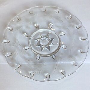 Indiana Glass Company Clear Low Cake Plate Teardrop With Etched Flower Deisgn